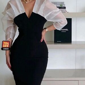 Chiffon gathered sheer sleeve V neck & black one piece dress (dressy occasion)